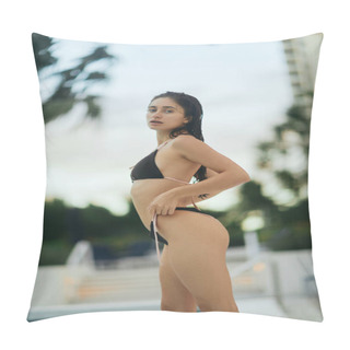 Personality  Stunning Figure, Alluring And Sexy Brunette Woman Dressed In Black Bikini Looking At Camera And Posing In Luxury Resort In Vibrant City Of Miami, USA, Blurred Background, Summer Getaway Pillow Covers