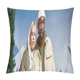 Personality  Cute Interracial Couple In Warm Clothes Posing Together On Snowy Backdrop, Winter Fashion, Banner Pillow Covers