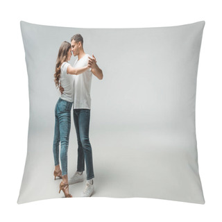 Personality  Smiling Dancers In T-shirts And Jeans Dancing Bachata On Grey Background  Pillow Covers