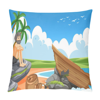 Personality  A Man On Deserted Island Isolated Illustration Pillow Covers