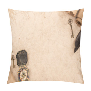 Personality  Top View Of Feather, Vintage Keys And Compass On Aged Paper Pillow Covers