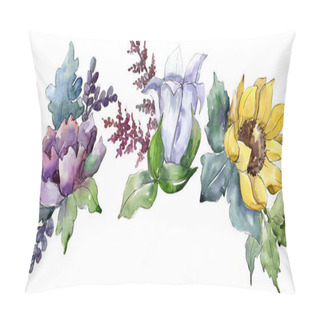 Personality  Watercolor Bouquet Flowers. Floral Botanical Flower. Isolated Illustration Element. Full Name Of The Plant: Sunflower, Peony,flax. Aquarelle Wildflower For Background, Texture, Frame Or Border. Pillow Covers