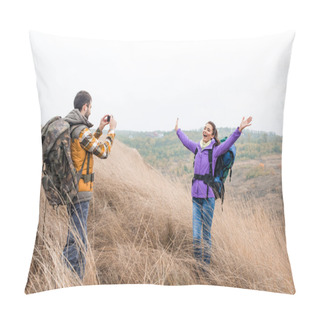 Personality  Man Photographing Woman During Walking Tour Pillow Covers
