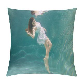 Personality  Underwater Scene. Girl Mermaid With Healthy Shiny Beautiful Long Hair. A Woman, A Fashion Model In The Water In A Beautiful Dress Swims Like A Fish. Pillow Covers