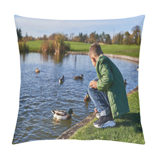 Personality  Back View Of Preteen Boy In Outerwear And Jeans Sitting Near Pond With Ducks, Nature And Kid Pillow Covers