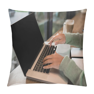 Personality  Cropped View Of African American Woman Typing On Laptop With Blank Screen On Table  Pillow Covers