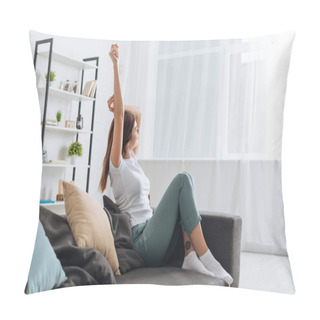 Personality  Selective Focus Of Young Dreamy Woman With Outstretched Hand Relaxing In Living Room  Pillow Covers