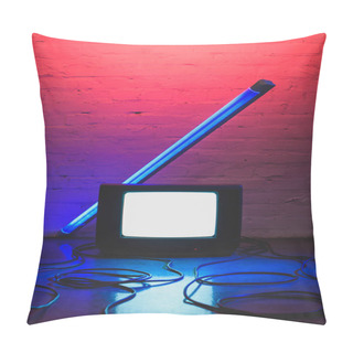 Personality  Toned Picture Of Arranged Retro Tv Set, Cables And Lamp With Brick Wall Background Pillow Covers