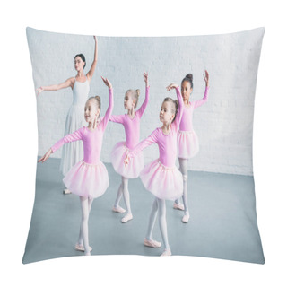 Personality  Adorable Kids In Pink Tutu Skirts Practicing Ballet With Young Teacher In Ballet School Pillow Covers