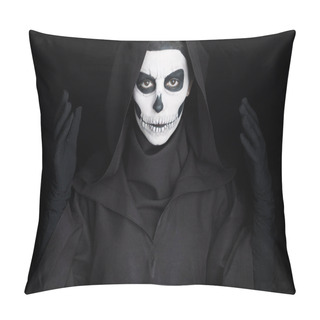 Personality  Woman With Skull Makeup Looking At Camera Isolated On Black Pillow Covers
