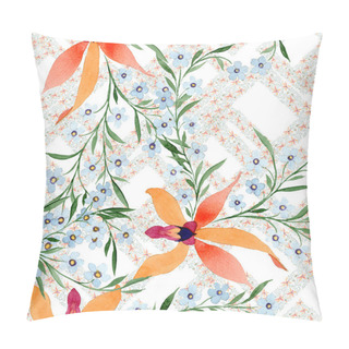 Personality  Blue And Orange Flowers. Watercolour Drawing Of Background With Orchids And Forget Me Nots. Pillow Covers