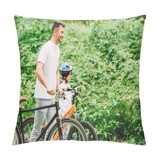 Personality  Side View Of Son And Father Standing With Bicycles Near Forest And Looking Forward Pillow Covers