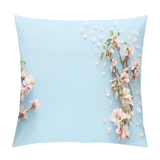 Personality  Photo Of Spring White Cherry Blossom Tree On Pastel Blue Wooden Background. View From Above, Flat Lay Pillow Covers