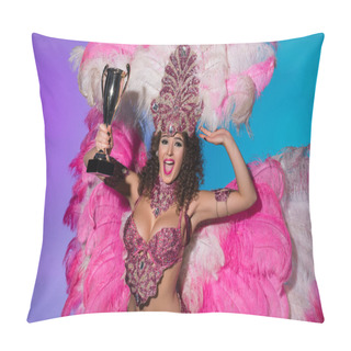 Personality  Happy Young Woman In Carnival Costume With Pink Feathers Holding Winner Cup Isolated On Blue Background Pillow Covers