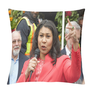 Personality  San Francisco, CA - Aug 2, 2023: Mayor London Breed, Speaking At The 150th Celebration Of The First Cable Car Ride In The City. Pillow Covers