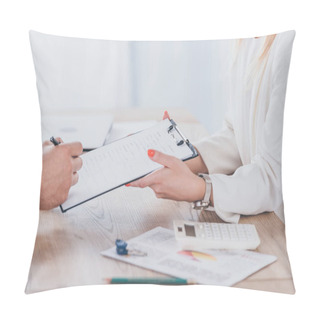 Personality  Cropped View Of Businesswoman Holding Clipboard And Man Signing Agreement Pillow Covers