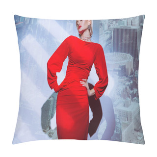 Personality  Low Angle View Of Attractive And Stylish Woman With Hands On Hips In Red Dress On City Background  Pillow Covers