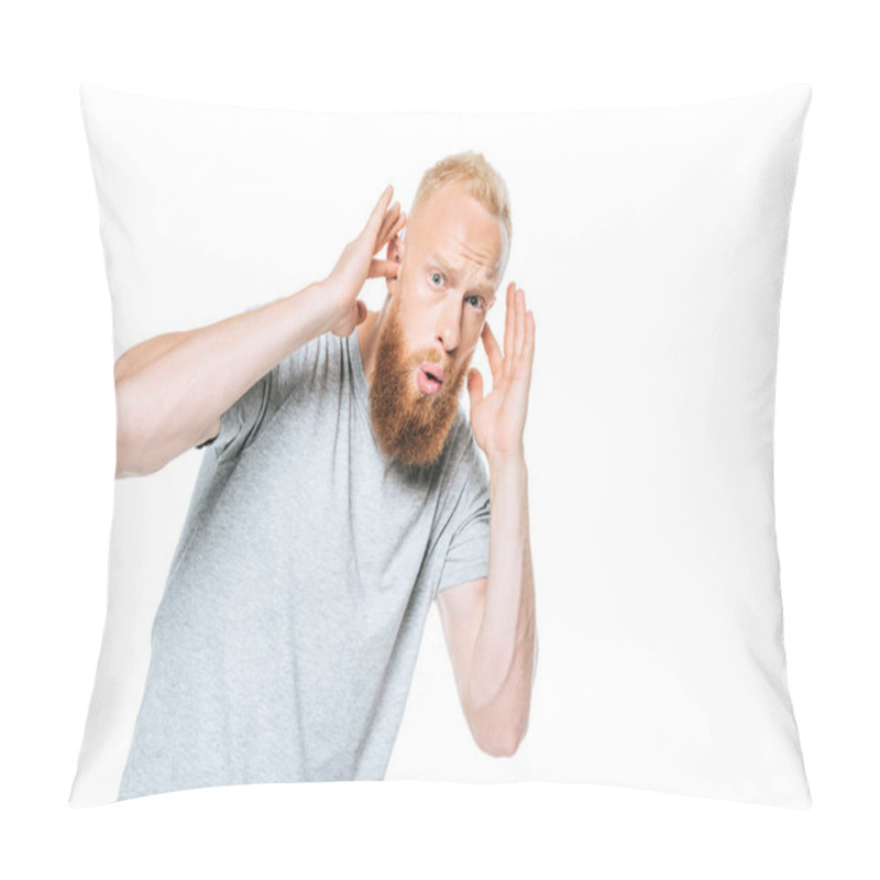 Personality  Worried Bearded Man In Grey T-shirt Closing His Ears From Loud Sound, Isolated On White Pillow Covers