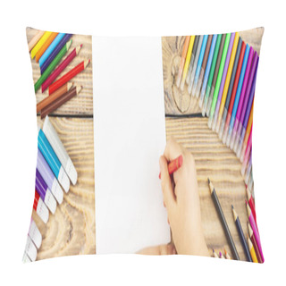 Personality  Little Girl Prepares To Paint On A Blank Sheet Of Paper. Drawing Is Done By A Child With Colored Pencils Or Felt-tip Pens. Children's Drawing. View From Above. Pillow Covers