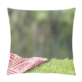 Personality  Red Checkered Napkin On The Green Grass. Background For Design - Text Space Pillow Covers