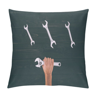 Personality  Partial View Of Male Hand Holding Wrench On Wooden Surface Pillow Covers