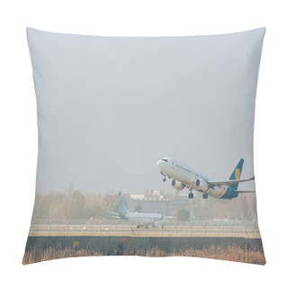 Personality  Commercial Plane Taking Off From Airport Runway With Cloudy Sky At Background Pillow Covers