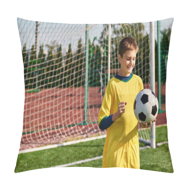 Personality  A Talented Boy Donning A Bright Yellow Soccer Uniform Confidently Holds A Soccer Ball, Exuding Passion And Determination As He Prepares For A Game. Pillow Covers