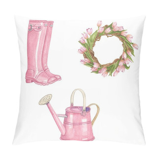 Personality  Vector Watercolor Spring  Boots Watering Can And Flower Decoration Cliparts Pillow Covers