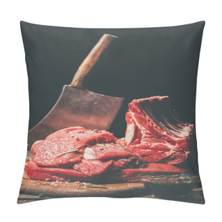 Personality  Various Raw Meat And Cleaver On Wooden Cutting Board Pillow Covers
