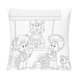 Personality  Happy Little Kids With Chocolate Ice Cream On A Stick Near A Street Ice-cream Cart And Smiling Girl Vendor In A Summer Park, Black And White Outline Vector Cartoon Illustration For A Coloring Book Pillow Covers