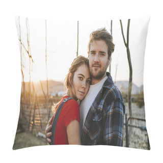 Personality  Portrait Of A Young Farmer Couple In Love Pillow Covers