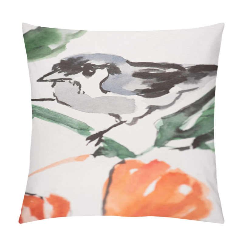 Personality  Japanese painting with bird on branch on white background pillow covers