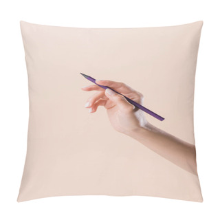 Personality  Cropped Shot Of Woman Holding Purple Pencil Isolated On Beige Pillow Covers