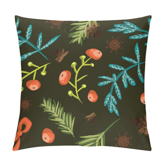 Personality  Seamless Christmas Background. Tile Botanical Pattern. Vector Illustrated Tiled Wallpaper. Decorative Wrapping Paper Texture With Pine Cones, Twigs, Red Berries, Blue Lives And Anise Stars On Black Pillow Covers