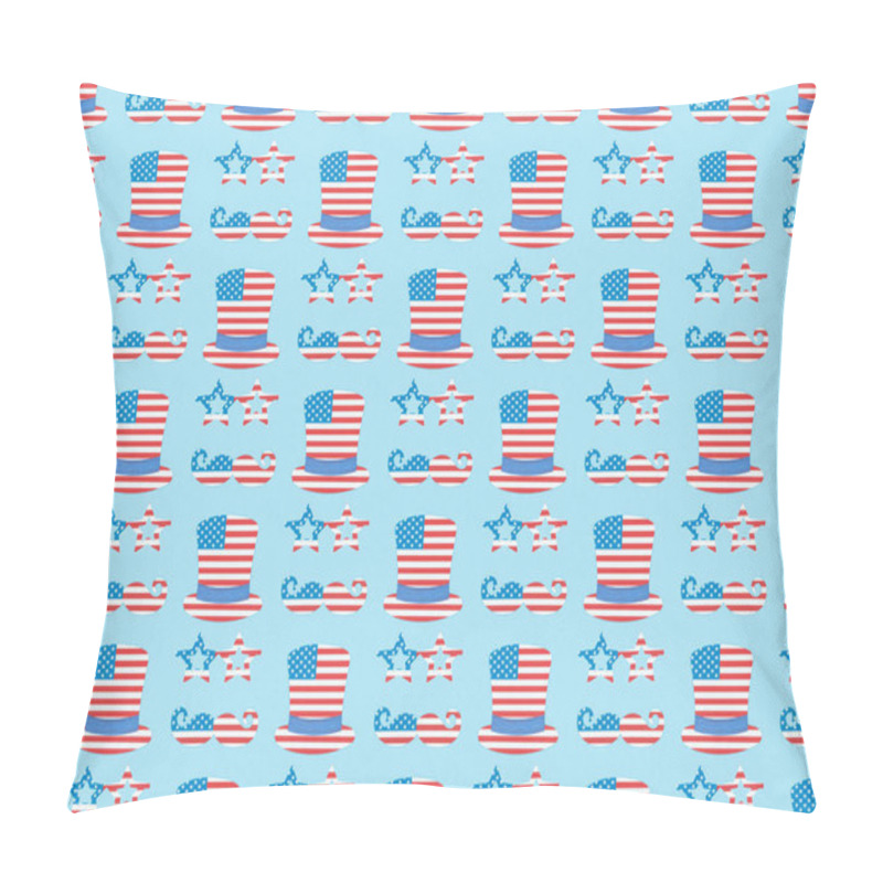 Personality  seamless background pattern with mustache, glasses, hats made of usa flags on blue  pillow covers