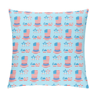 Personality  Seamless Background Pattern With Mustache, Glasses, Hats Made Of Usa Flags On Blue  Pillow Covers
