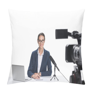 Personality  Newscaster With Laptop Looking At Camera Pillow Covers