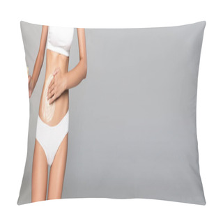 Personality  Woman In White Underwear Holding Jar And Applying Cream On Belly On Grey, Banner Pillow Covers