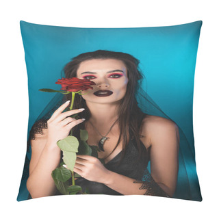 Personality  Brunette Woman With Dark Makeup Holding Red Rose On Blue Pillow Covers
