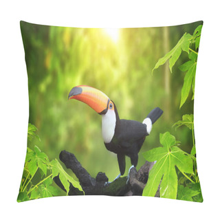 Personality  Beautiful Colorful Toucan Bird (Ramphastidae) On A Branch In A Rainforest. On Blurred Background Of Green Color Pillow Covers