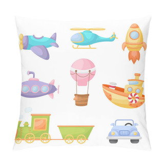 Personality  Set Of Cute Cartoon Transport. Collection Of Vehicles For Design Of Childrens Book, Album, Baby Shower, Greeting Card, Party Invitation, House Interior. Bright Colored Childish Vector Illustration. Pillow Covers