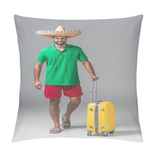 Personality  Smiling Traveler In Mexican Sombrero Standing With Suitcase On Grey Pillow Covers
