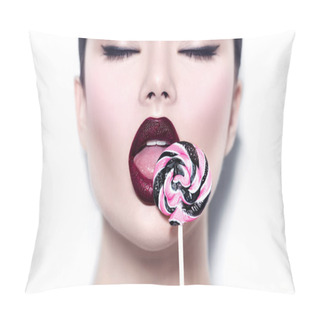 Personality  Sexy Beauty Girl Eating Lollipop. Glamour Model Woman Licking Sweet Colorful Lollipop Candy Over White Background Pillow Covers