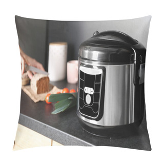 Personality  Modern Multi Cooker And Woman Slicing Bread On Table In Kitchen, Space For Text Pillow Covers