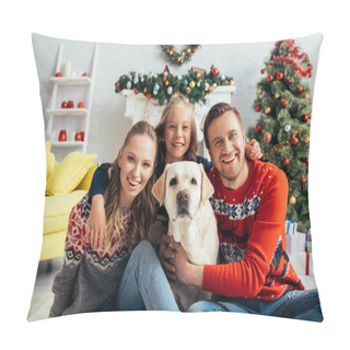 Personality  Happy Family In Sweaters Near Labrador And Decorated Christmas Tree  Pillow Covers