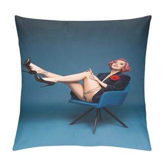 Personality  Beautiful Tattoed Pin Up Girl In Jacket With Boutonniere Posing On Armchair Infront Of Blue Background Pillow Covers