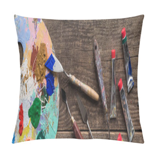 Personality  Top View Of Colorful Paints And Drawing Tools On Wooden Surface, Panoramic Shot Pillow Covers