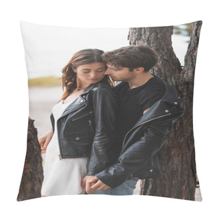 Personality  Selective Focus Of Young Couple In Leather Jackets Holding Hands Near Trees In Forest  Pillow Covers