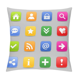 Personality  16 Popular Colors Icon With Basic Sign. Simple Rounded Glassy Square Shape Internet Button On Metallic Background. Contemporary Modern Simple Style. Pillow Covers