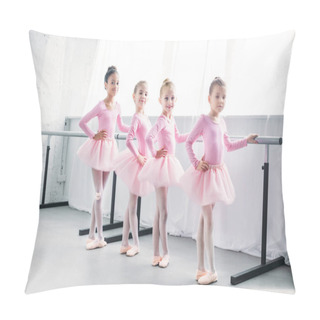 Personality  Cute Multiethnic Kids In Pink Tutu Skirts Exercising And Smiling At Camera In Ballet Studio Pillow Covers